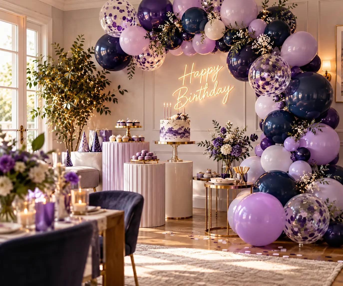Elegant birthday celebration featuring a purple and navy balloon arch, birthday cake, and festive decorations