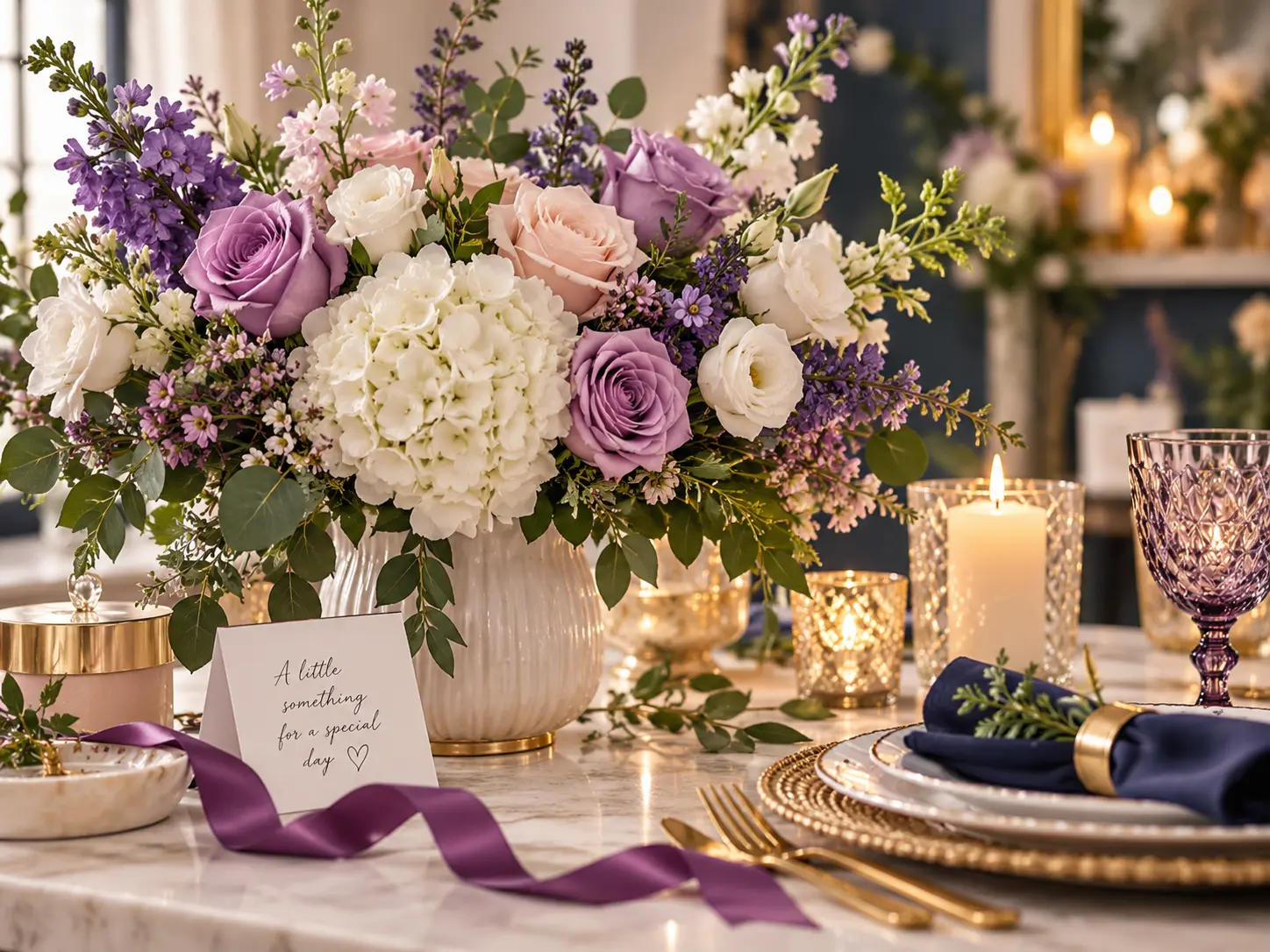 Elegant floral centerpiece with lavender roses, white hydrangeas, candles, and decorative table accents