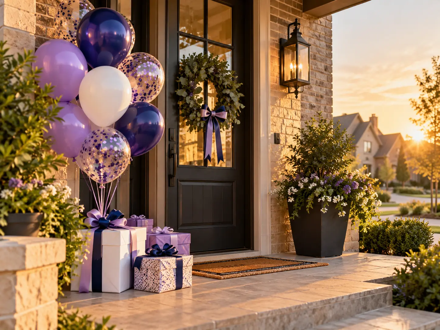 A welcoming front porch with purple balloons and wrapped gifts at sunset