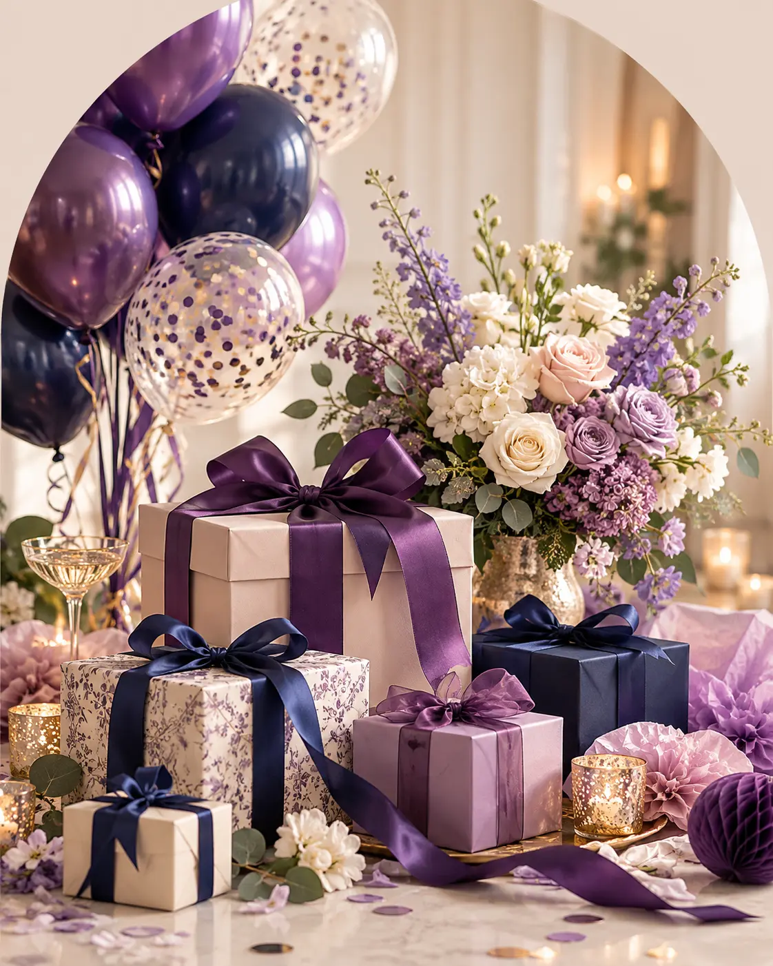 Purple and navy balloons, wrapped gifts, and floral arrangements displayed for a celebration