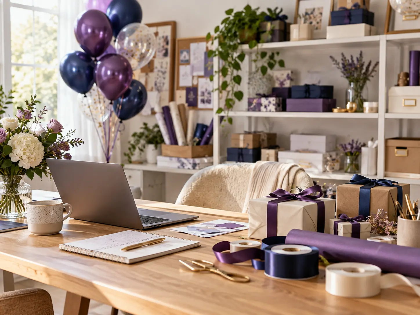 A creative home workstation with wrapping supplies, ribbon, balloons, and a laptop
