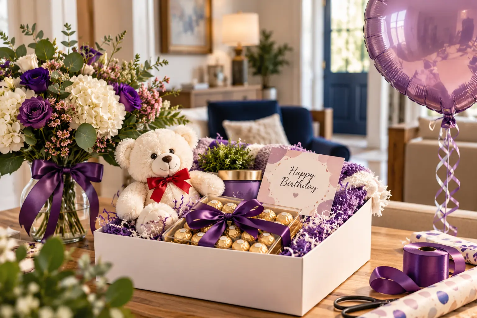 A personalized birthday gift with chocolates, flowers, a teddy bear, and a greeting card